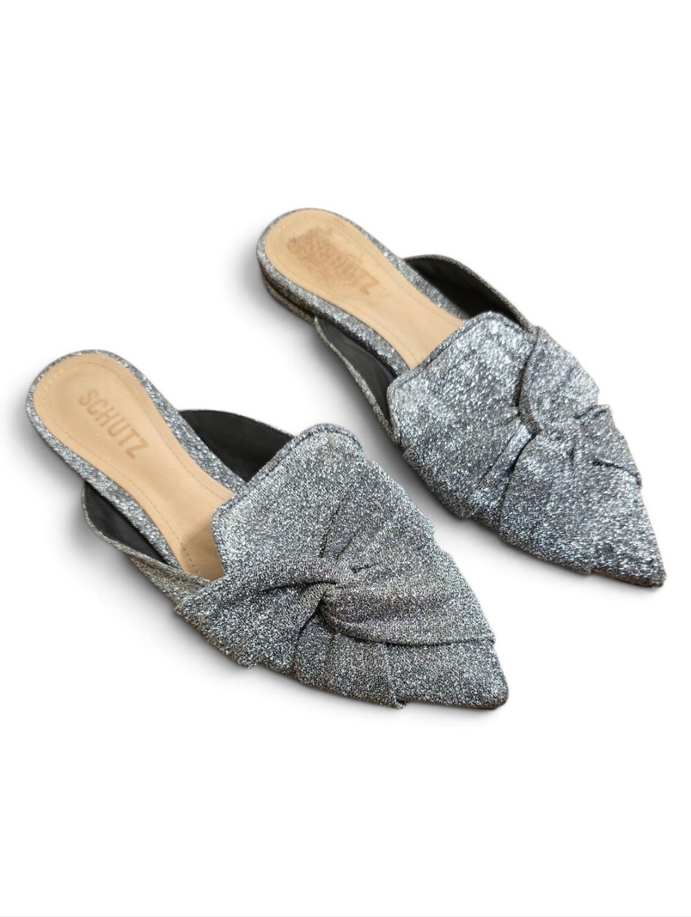 Schutz Metallic Silvery Shimmery Pointed Toe Mules 7